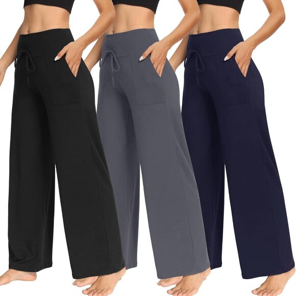 3 Pack Women's Wide Leg Pants with Pockets - Casual Loose Yoga Trouser Pants Swe - Picture 1 of 4